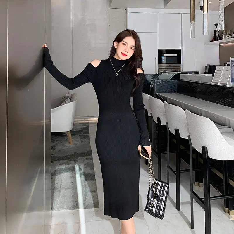 

Knitted Dresses Women Chiffon Zipper Sexy Y2K Clothes Lace Up Halter Backless Long Sleeve Bodycon Midi Dress Outfits Party Club