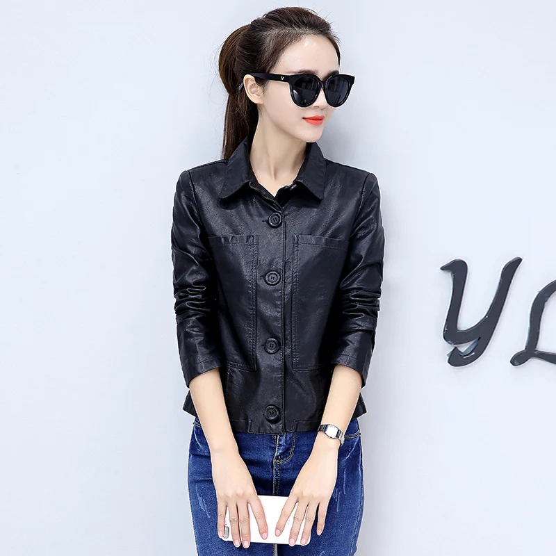 DHfinery Plus Size M-4XL Women Leather Jacket 2022 Spring Autumn  Leather Coat Slim Short Black Green Caramel Outerwear bs5722