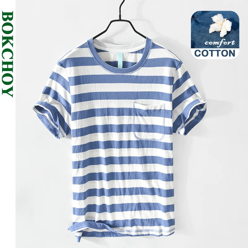 

Весна и лето Новая мужская хлопковая Повседневная полосатая футболка с круглым вырезом и короткими рукавами Повседневная одежда зеленый красный топ GA-Z553