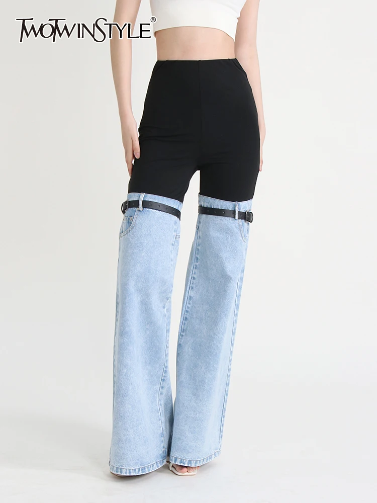 

TWOTWINSTYLE Spliced Denim Hit Color Wide Leg Pants For Women High Waist Patchwork Pocket Casual Jeans Female Fashion 2023 New