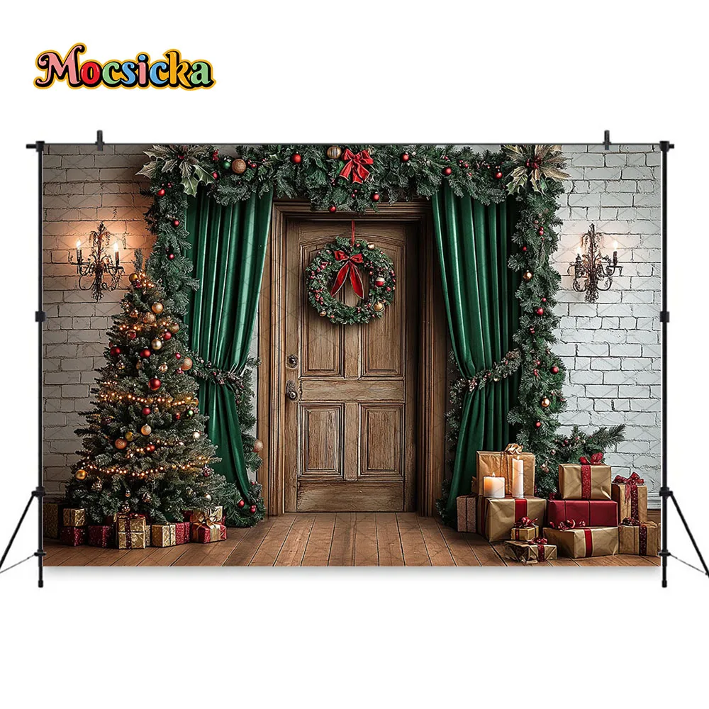 Фото Mocsicka Christmas Tree Farm Backdrop Photography Wooden Barn Door Glitter Lights Background Family Child Outdoor Photo Studio №3