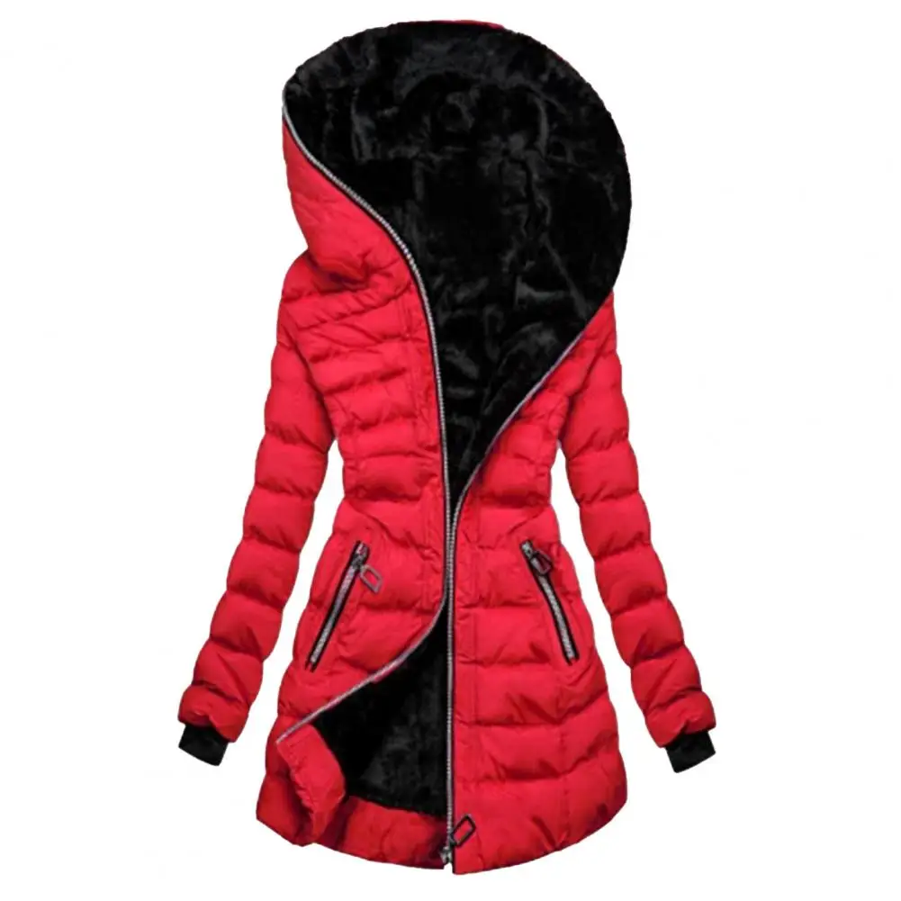 Winter New in Hooded Coat Solid Color Zipper Closure Slim Waist Hooded Quilted Women Overcoat for Outdoor