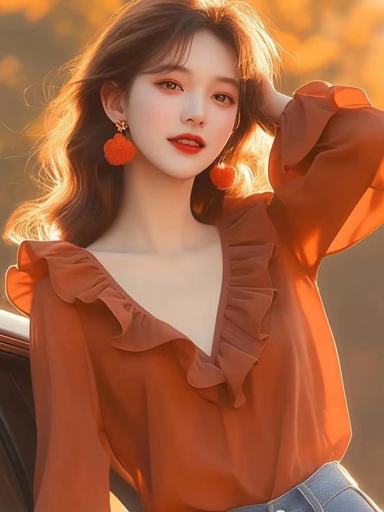 Красные рубашки с длинными рукавами. Осенняя одежда. Женские модели. 2024. Новые