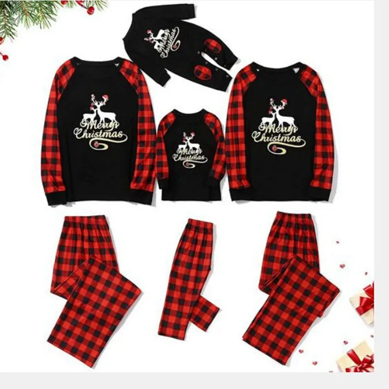 

2022 New Letter Merry Christmas Deer Checkered Printing Christmas Parent-child Suit Pajamas Long Sleeve Home Clothes
