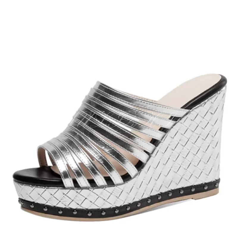 Color striped silver shiny wedge sandals woman peep toe platform hollow sexy heels Sequins Mixed Colors gold blue striped shoes