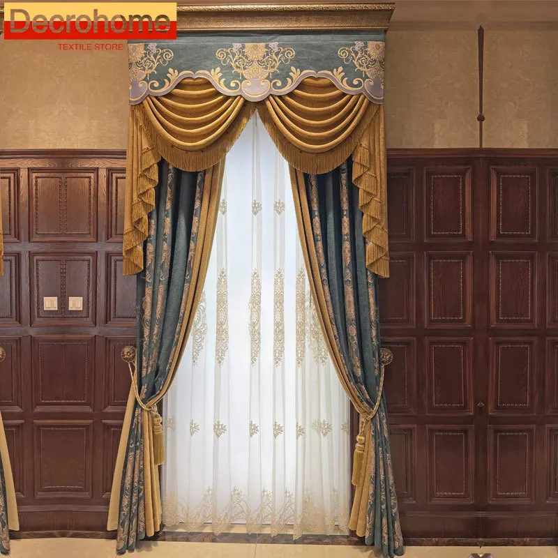 

Blue Retro Chenille Jacquard Stitching Thickened Blackout Curtains for Living Room Bedroom French Window Villa Customization