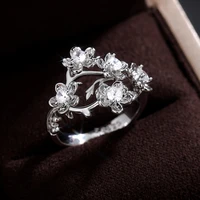 new creative trendy silver plated plum twig flower rings for women shine white cz stone inlay fashion jewelry party gift ring