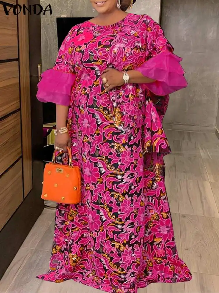 

VONDA богемный Женский Осенний праздничный сарафан с оборками 3/4 расклешенный рукав Повседневное платье с принтом халат свободное вечернее м...