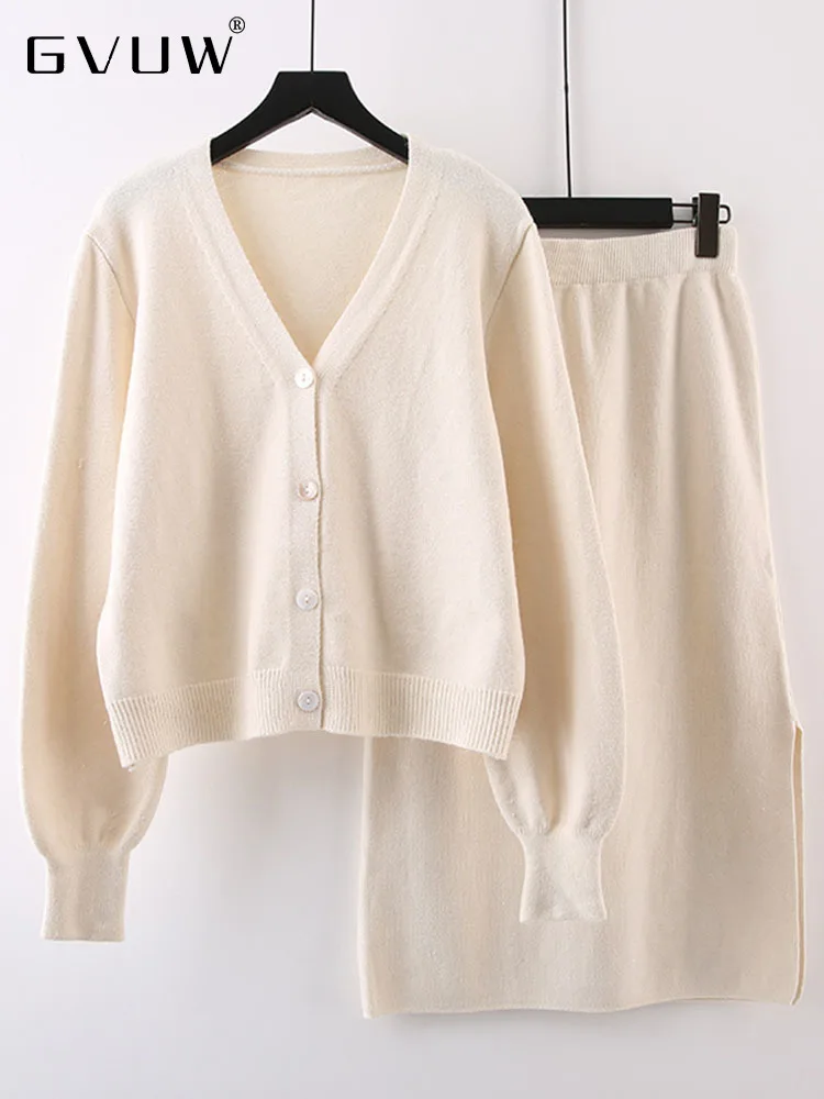 

GVUW Knitted Skirt Set For Women 2023 Autumn New Korean Version V-Neck Cardigan Sweater Split Skirts Two Piece Sets Lady 17G2235