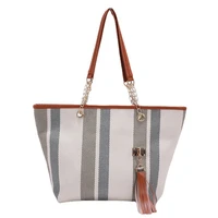 womens canvas handbag striped print large capacity shoulder casual totes luxury ladies fashion vintage tassel chain handle bags