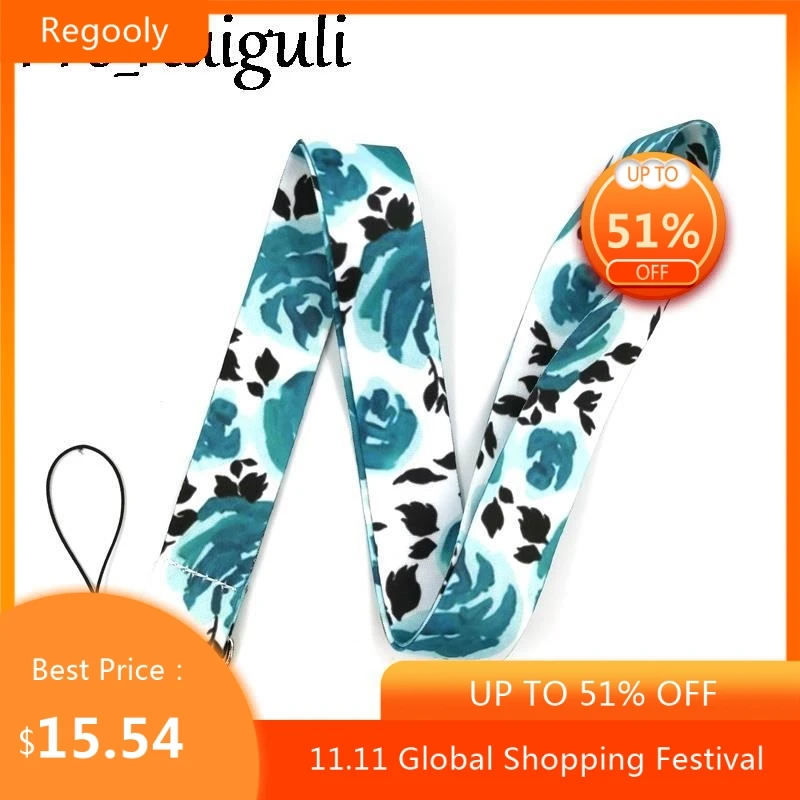 

30pcs Blue Flower Rose Lanyard Key Phone Holder Funny Neck Strap With Keyring ID Card DIY Animal webbings ribbons Hang Rope