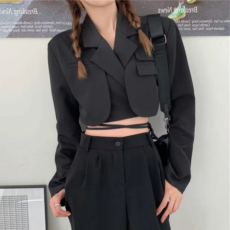 Gray Double Layer Bandage Slim Blazer Korean Fashion Women Long Sleeve Pocket Short Jacket Female Outwear 2022 Blazers Crop Tops