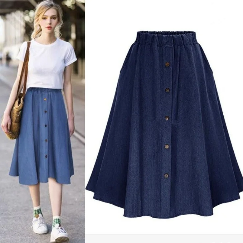 

Fashion Korean Preppy Style Denim Skirts Women Solid Color Long Skirt Nature Waist Female Big Hem Casual Button Jean Howdfeo