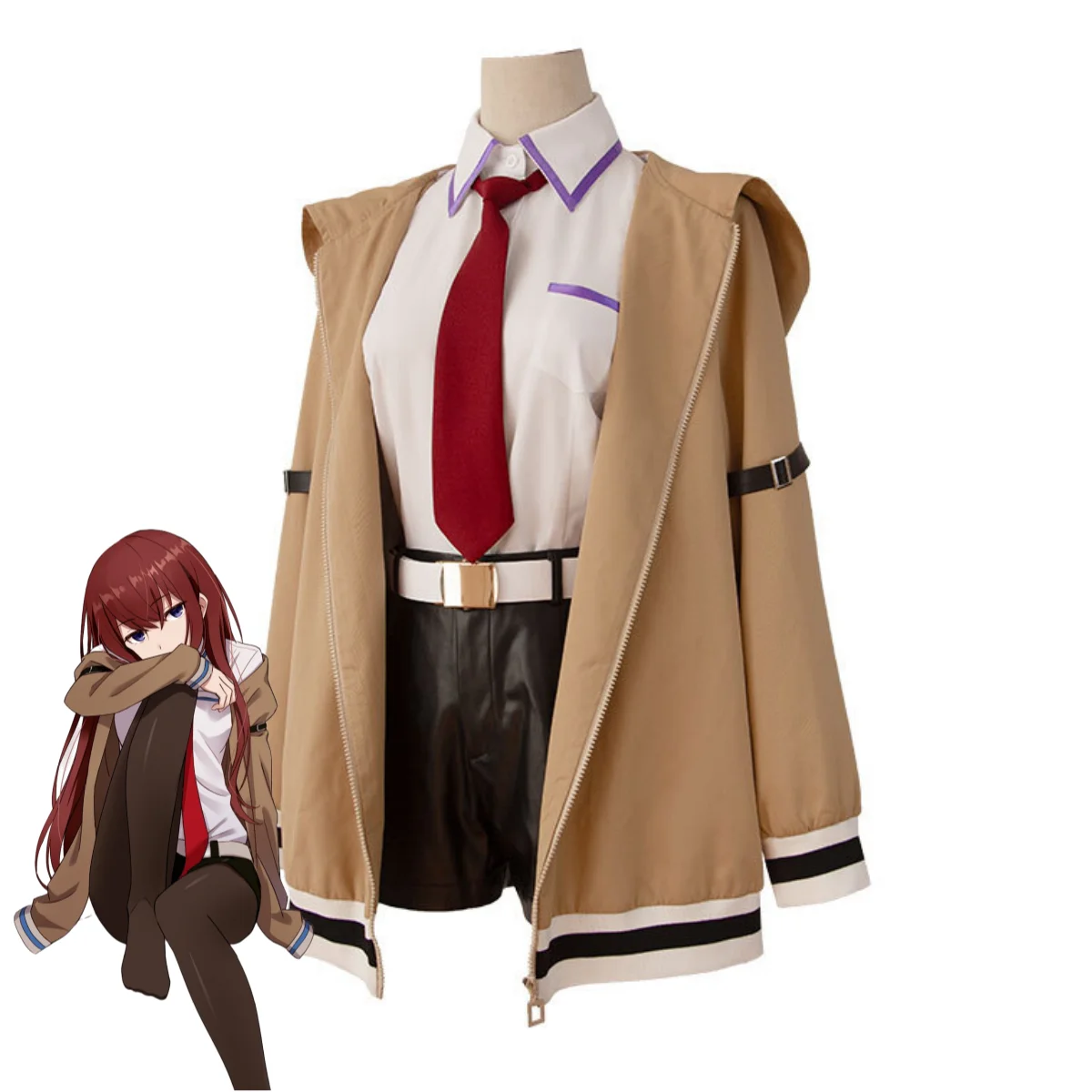 Фото Игра Steins Gate Makise Kurisu Christina Косплей Костюм Пальто с капюшоном Рубашка Шорты Спортивный костюм Парик Женский карнавальный костюм на Хэллоуин №3