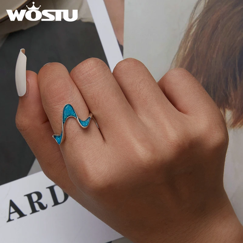 WOSTU стерлингового серебра 925 пробы 3D волнистый стиль синие кольца для женщин