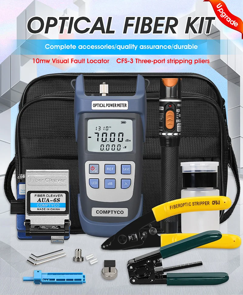 

19pcs/set FTTH Fiber Optic Tool Kit with Fiber Cleaver -70~+10dBm Optical Power Meter Visual Fault Locator 10mw VFL OPM 10KM