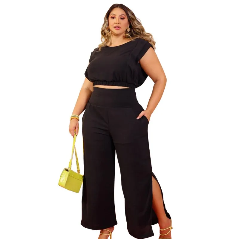 

Women Two Piece Set Sleeveless Crop Tops And High Waist Split Pant Suits Sets Summer Solid Streetwear Fashion Outfits Ropa Mujer