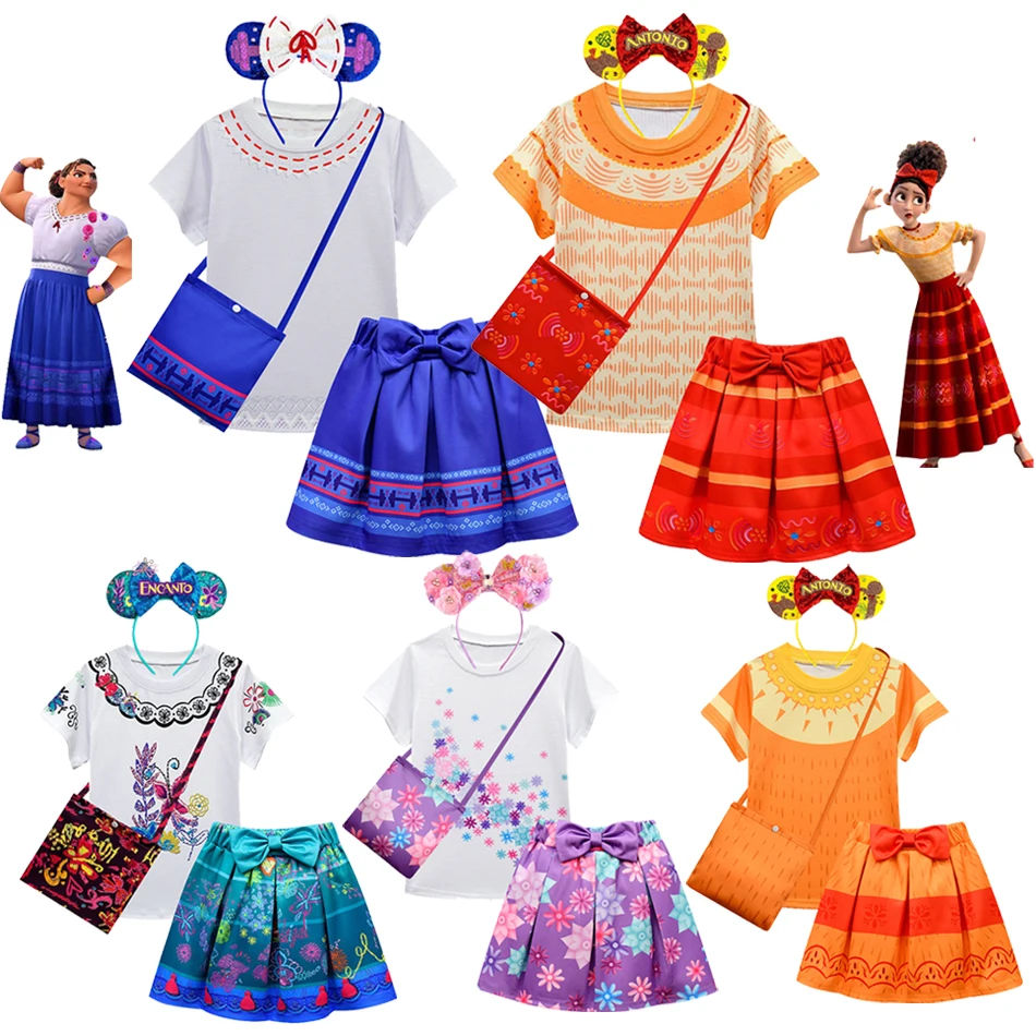 

Encanto Mirabel Luisa Costume T-shirt+Skirt+Bag+Headband 4pcs Set Fancy Summer Princess Children Carnival Party Clothing