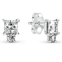 authentic 925 sterling silver sparkling round square with crystal stud earrings for women wedding gift pandora jewelry