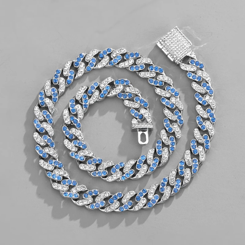 

Men Hip Hop Curb Cuban Link Chain 11mm Iced Out Bling Full Paved Rhinestone Rapper Accessories Jewelry Silver Color for Women