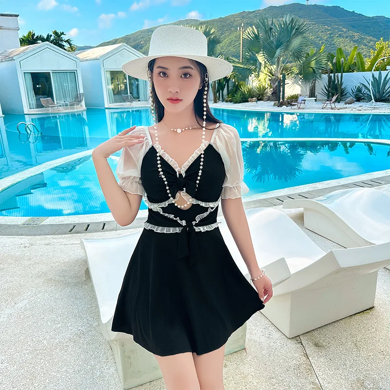 Short-Sleeved One-Piece Dress Swimsuit Summer Women's Ivory White Swimsuit High Waist Korean Bikini Set Swimsuit Free Shipping