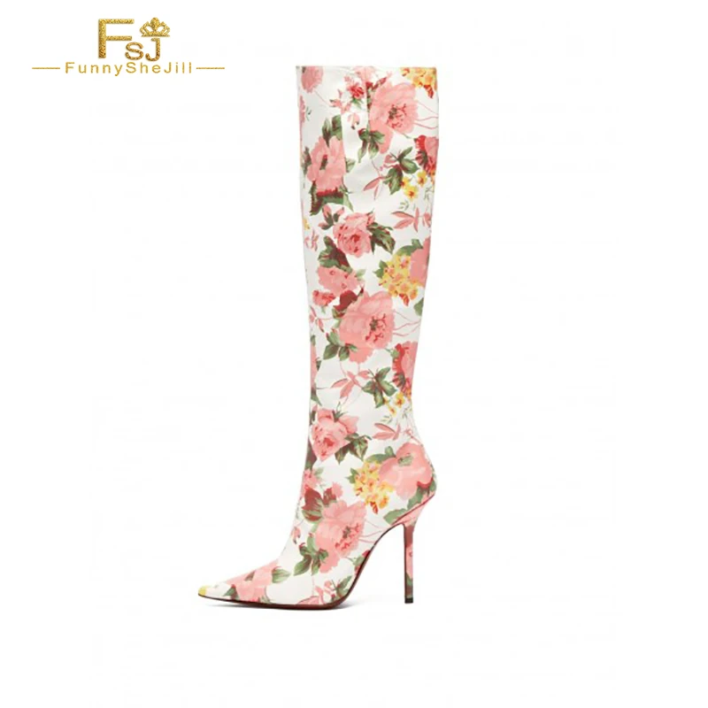 

White and Pink Floral Fashion Boots Stiletto Heel Knee-high Boots