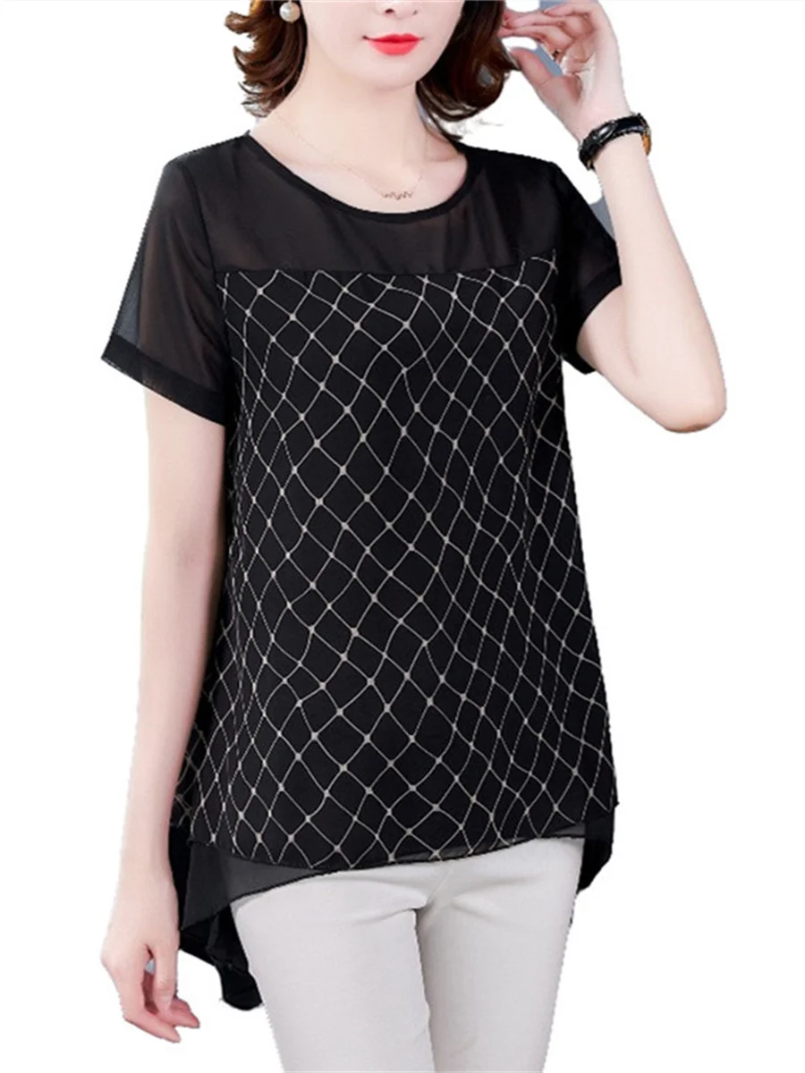 

4XL Loose Women Spring Summe Blouses Shirts Lady Fashion Casual Short Sleeve O-Neck Collar Lace Printing Blusas Tops CT0376