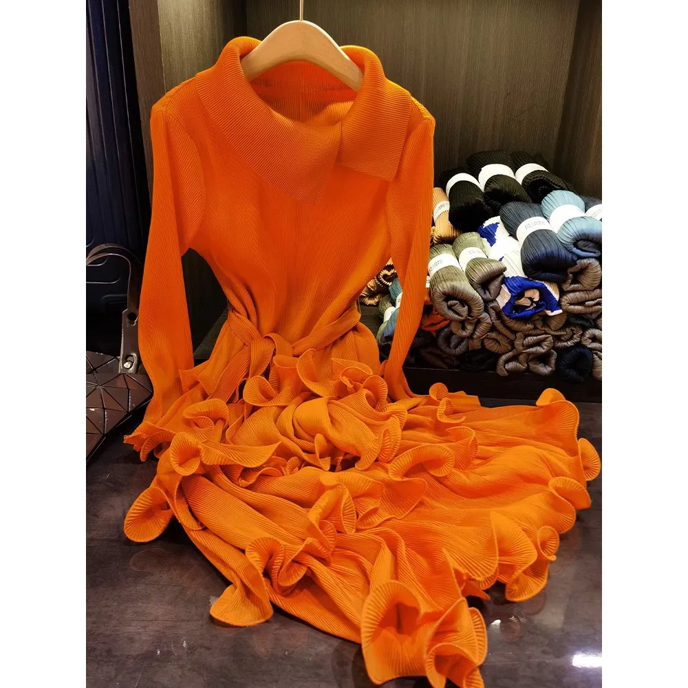 

Женское платье с отложным воротником, элегантное плиссированное платье миаке с деревянными ушками, повседневное простое платье свободного покроя с завязкой на талии, осень 2023