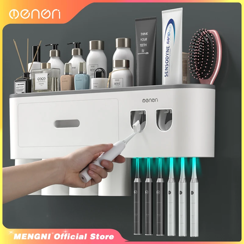 

MENGNI Magnetic Adsorption Inverted Toothbrush Holder Wall -Automatic Toothpaste Squeezer Storage Rack Bathroom Accessories