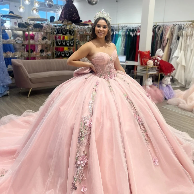 Luxury Pink Quinceanera Dresses Birthday Party Ball Gown Sequin Lace Appliques Flower Beads Tull Off the Shoulder Vestidos De 15