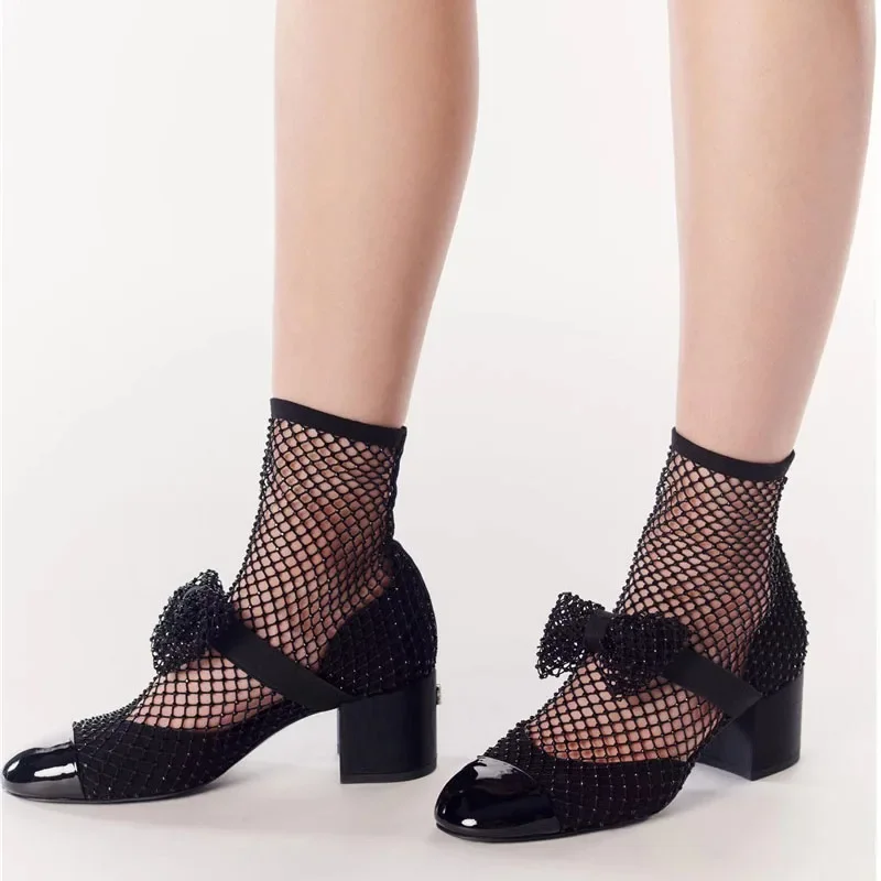 Большой размер 46 женские летние короткие сапоги в сеточку с бриллиантами низкие