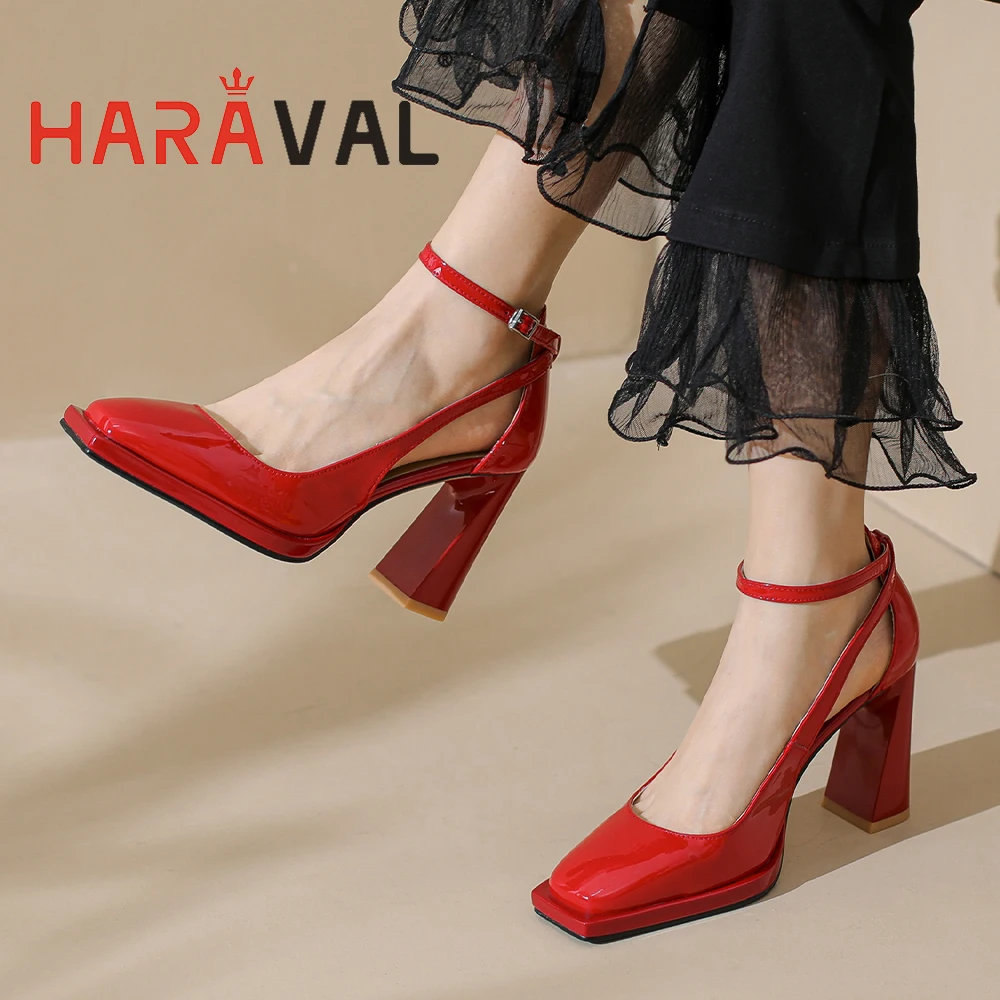 

HARAVAL Lady Wedding Pumps Thick Heels Squared Toe Buckle Ankle Strap Patent Leather Solid Women Summer Casual Party ElegantA347