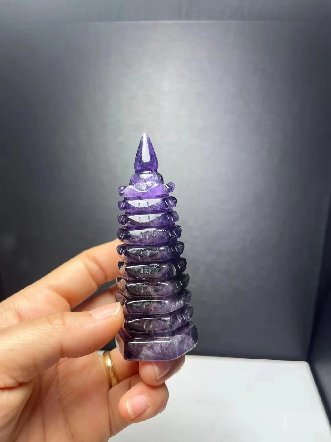 

92x36mm Natural purple Crystal Carved Nine Layers Of Pagoda Of Cultural Prosperity Reiki Ornament Pagoda Tower Buddhist Holy