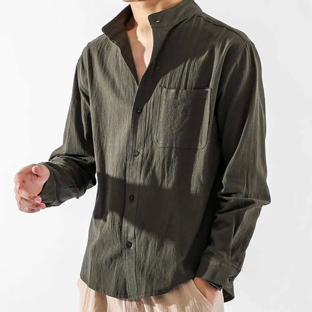 Loose Top Buttons Shirt Men Solid Color Linen Cotton Pocket Stand Collar Coat
