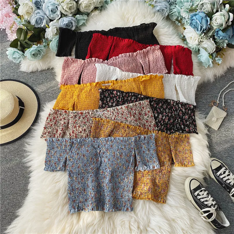 

Floral Chiffon Shirt Summer Women Slash Neck Short-Sleeved Tops Female Fashion Slim Solid Pleated Short T-Shirt