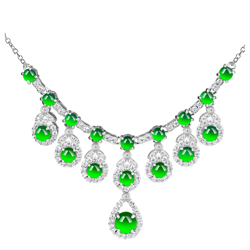 

High Grade Natural Jadeite Green Egg Face Pendant S925 Silver Inlaid Ice Jade Women's Necklace Set Chain Drop Shipping