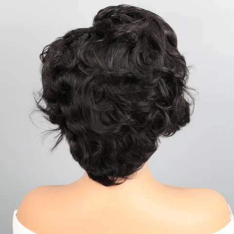 Короткая вьющиеся парик из человеческого волоса Pixie Cut