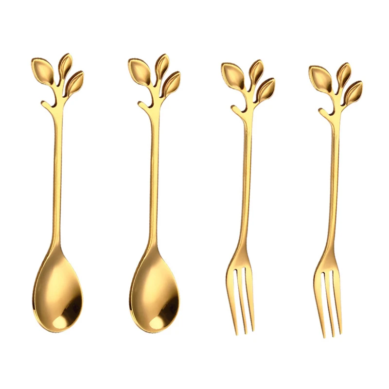 

4Pcs Cute Mini Coffee Spoon Tea Spoon Stainless Steel Leaves Shape Fork Coffee Stirring Spoon Dessert Spoon Scoop Tableware Set