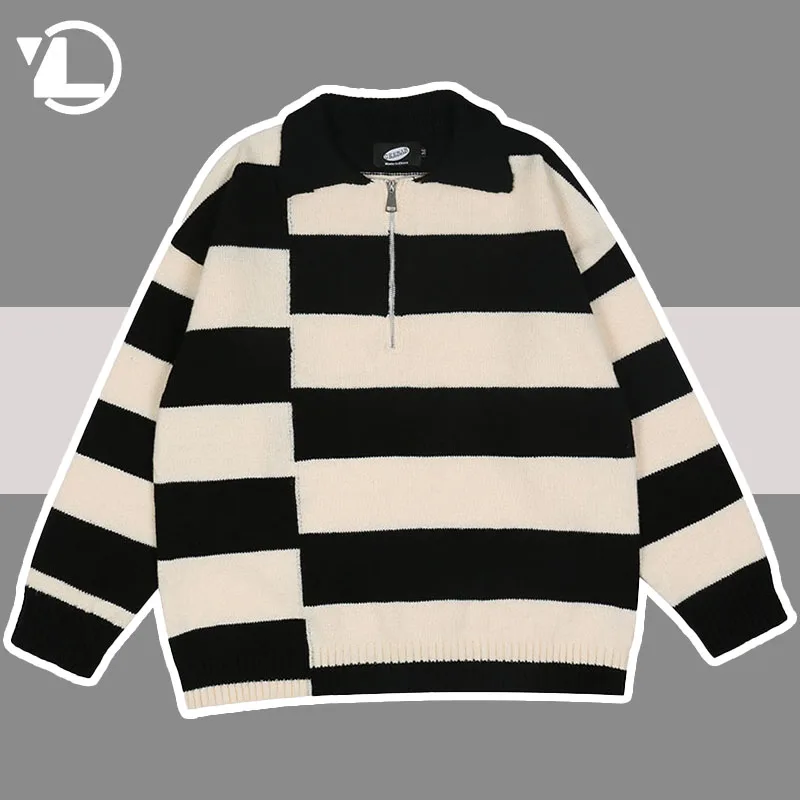 

Irregular Stripe Knitted Sweaters Men Autumn Winter Hip Hop Harajuku Jumper Couple lapel Zipper Retro Casual Oversize Pullover