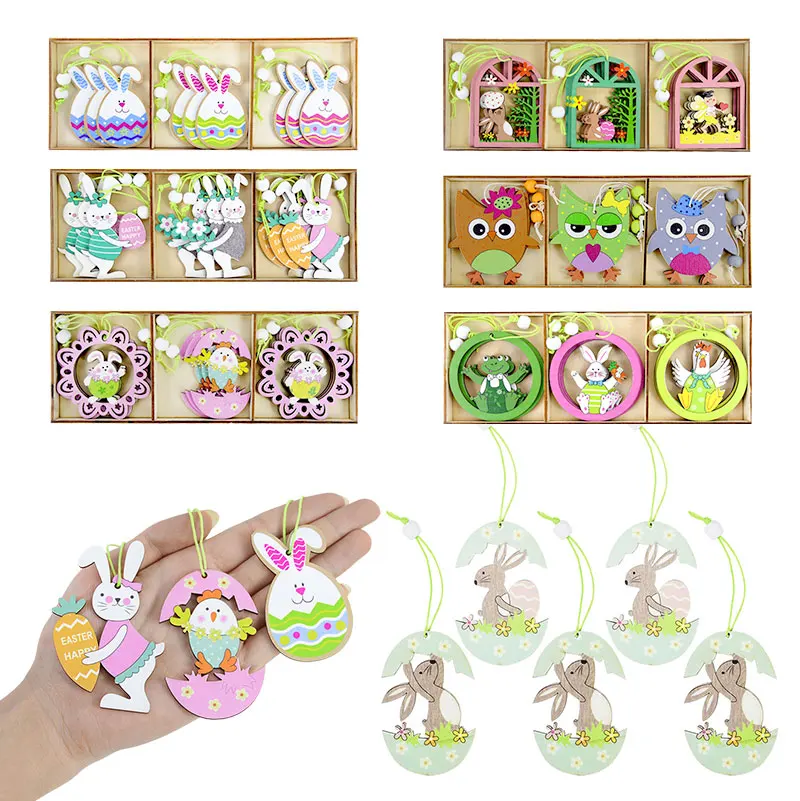 

Beautiful Easter Spring Decoration Rabbit Eggs Wooden Ornaments Cute Bunny Easter DIY Wood Hanging Crafts Dropship