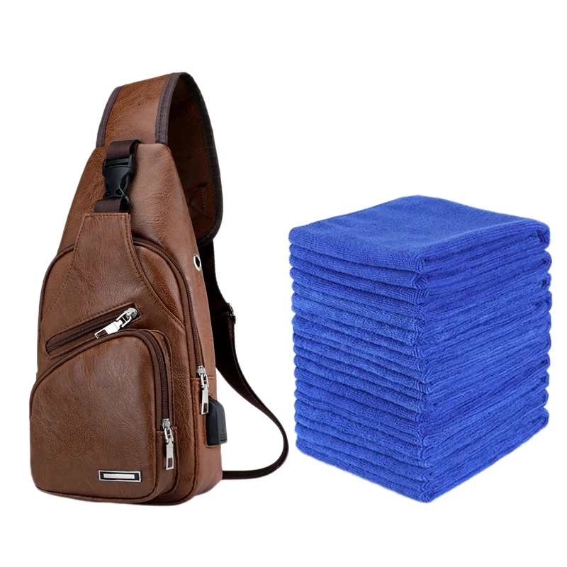 

1Pcs Mini USB Interface PU Leather Chest Bag Crossbody Bag Single Shoulder Bag Light Brown & 20Pcs Absorbent Microfiber Towel Ca