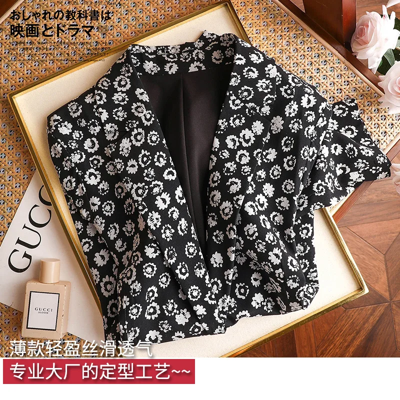 Slim Blazer Women 2023 Summer New 92%  Natual Silk Print Three Quarter Sleeve Blazer Femenino  Single Button  Jacket