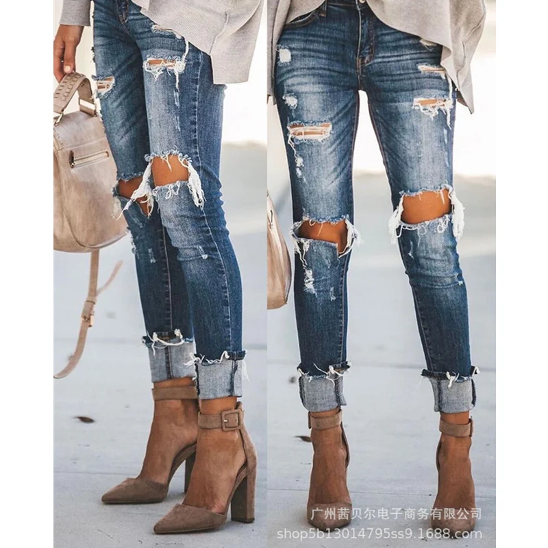 

Mandylandy Women Vintage Hole Ripped Jeans Fashion Female High Waist Skinny Stretch Denim Pants Streetwear Long Trousers