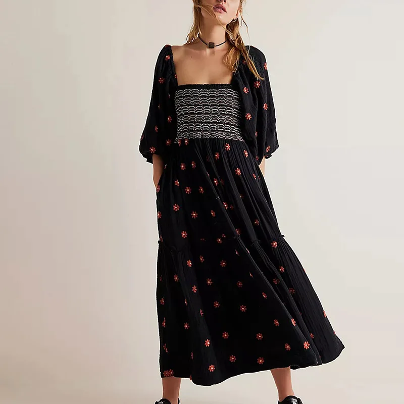 

Summer Fashion Lady Square Neck Pleated Party Dress Elegant Daisy Print 3/4 Sleeve Long Dress Casual Retro High Waist Robe Dress