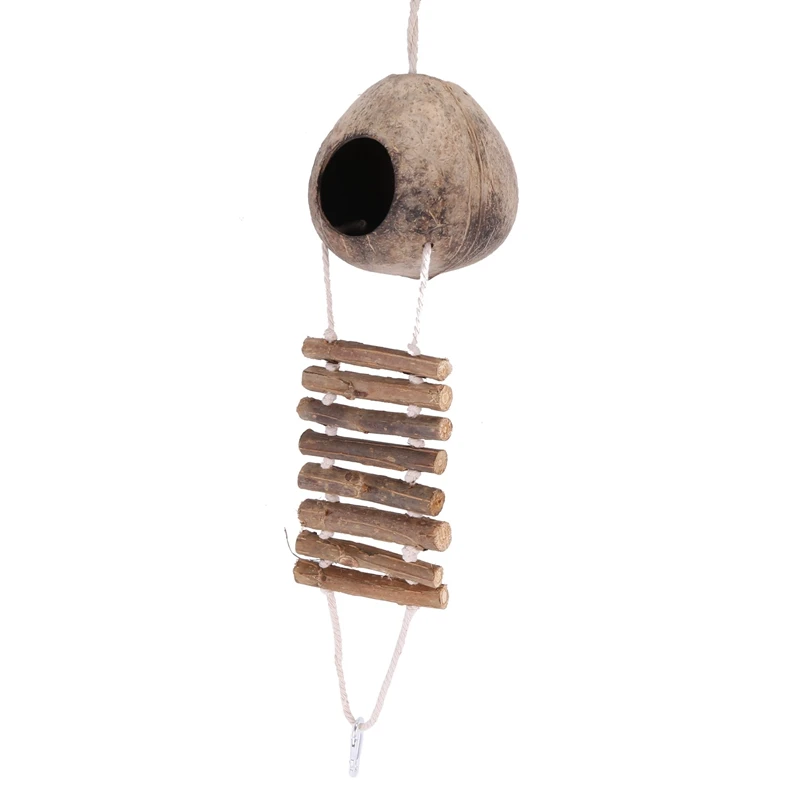 

2X 100% Natural Coconut Husk Coconut Hide With Ladder For Bird Shell Hideaway Durable Habitat 2