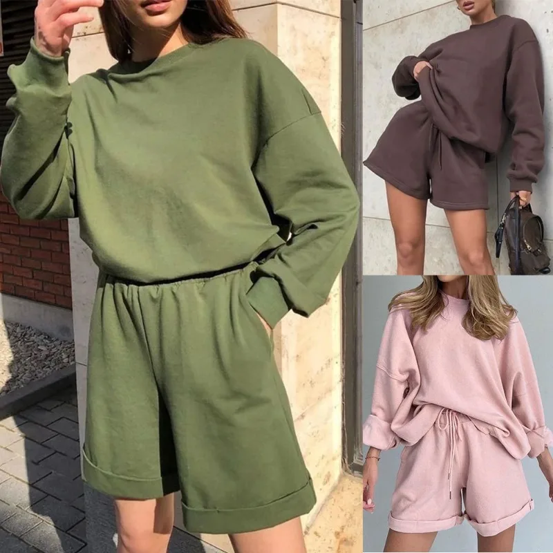 

Новинка 2023, Женский Повседневный Топ с круглым вырезом и длинными рукавами и шорты с высокой талией, комплект спортивной одежды из двух предметов, Женский комплект из двух предметов