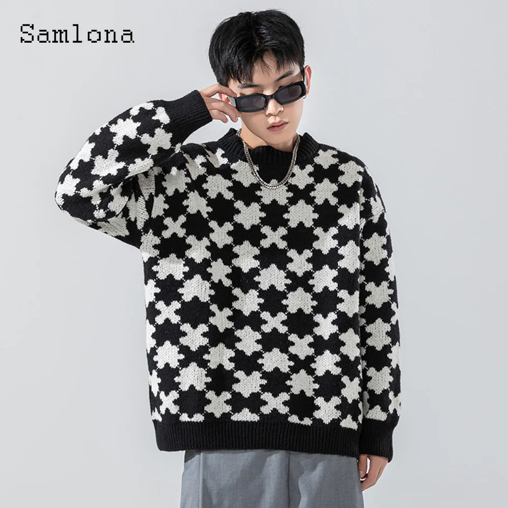 Men Knitted Sweater Winter Flocking Pullover Mens Knitwear 2022 Kpop Fashion Top Pullovers Classic Houndstooth Print Sweaters