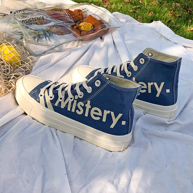 

School Cute Girls Blue Canvas Shoes Printed Rubber Sole Lace-Up Casual Women High Heel Breathable Flat Ladies Vulcanized Shoes