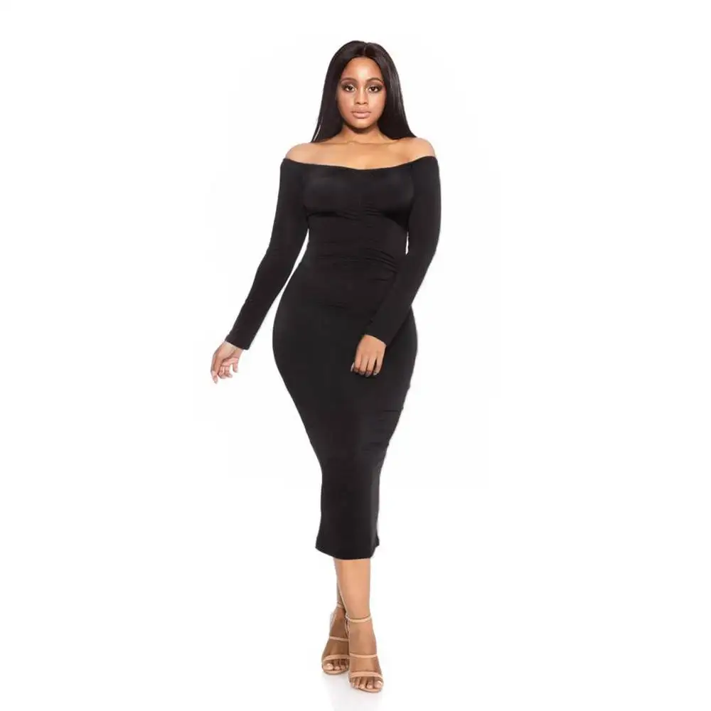 

Elegant Ruched Off Shoulder Dress Sexy Slash Neck Tunic High Waist Long Sleeve Ladies Bodycon Party Club Office Lady Midi Dress