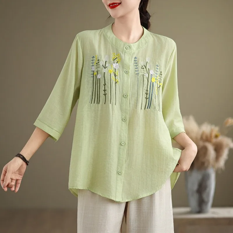 Женская Повседневная рубашка с цветочной вышивкой винтажная Свободная в